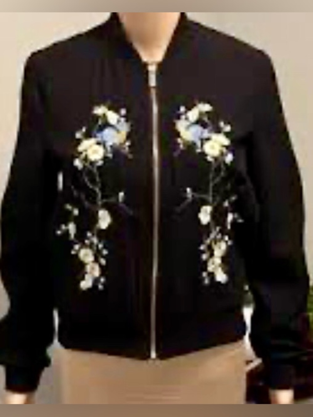 Like New WD•NY Black Embroidered Floral/ Blue Birds Zip Up Bomber Jacket